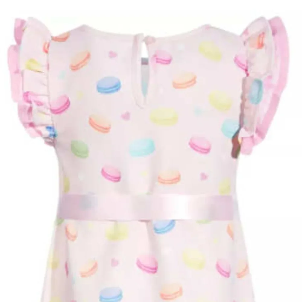 Samara Macaron Print Dress w/ Satin Ribbon, 6-9 Months